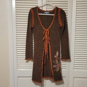 Brown Knit Cardigan with Floral Embroidery